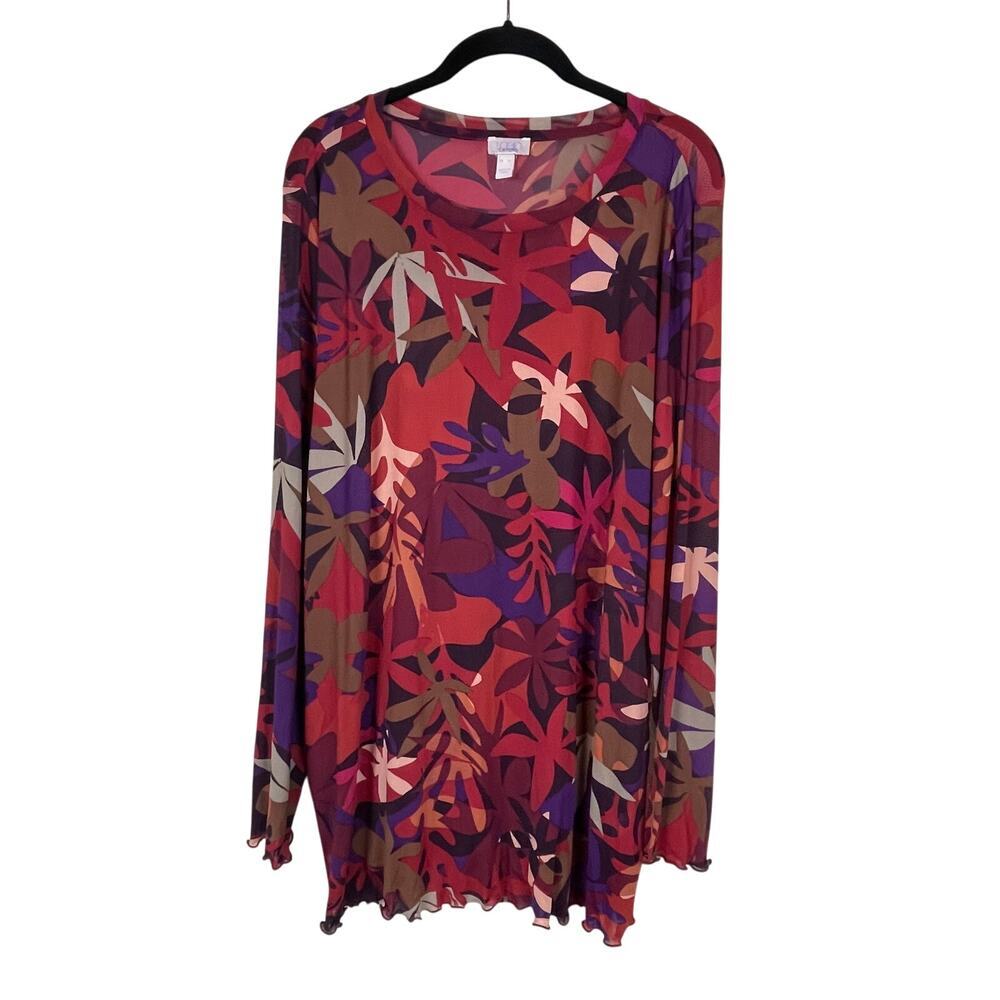 Logo‎ Layers Lauren XL Maroon Burnt Orange Floral Sheer Mock Neck Shirt